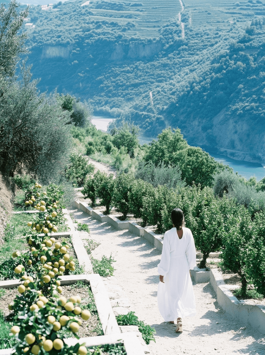 Woman in white walking through terraced yuzu groves toward a turquoise river valley