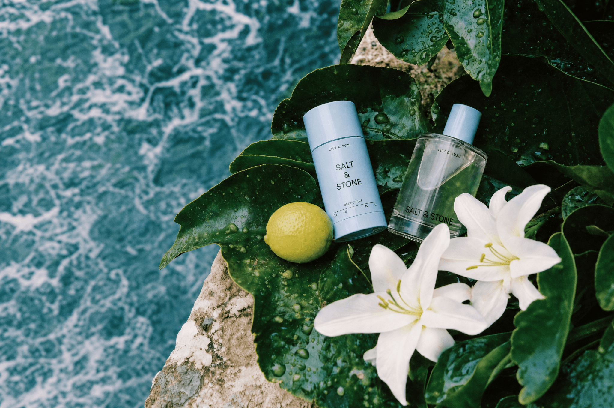 Salt & Stone Lily & Yuzu duo on coastal rock with ocean waves — AI-generated campaign imagery