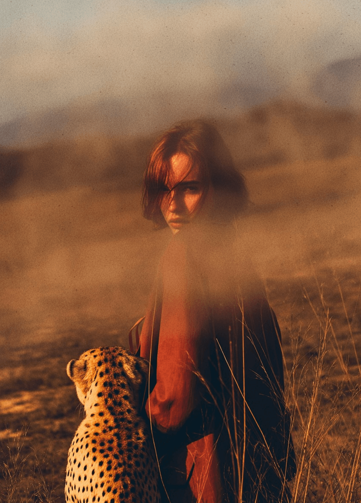 AI-generated editorial portrait with cheetah in golden haze